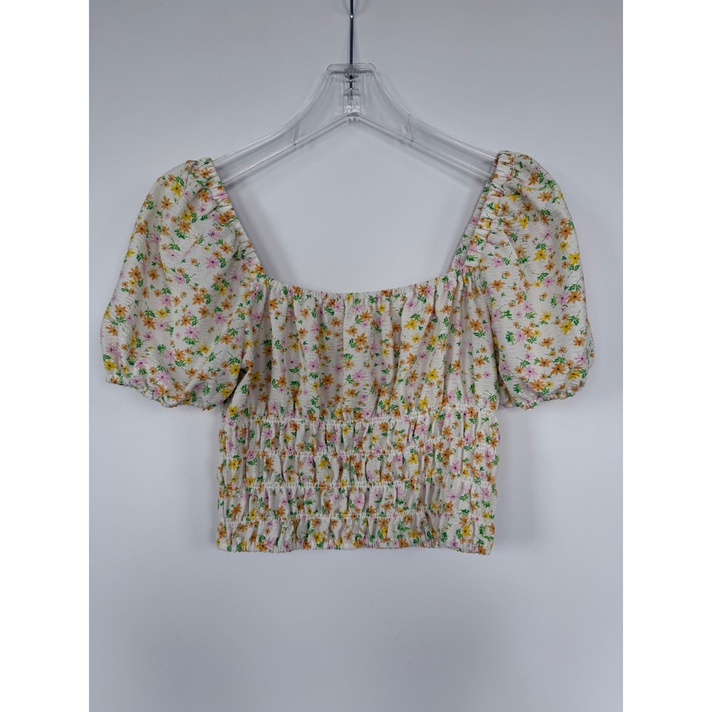 Elodie Floral Smocked Crop‎ Top Yellow Pink Puff Sleeve  M Peasant Boho Festival